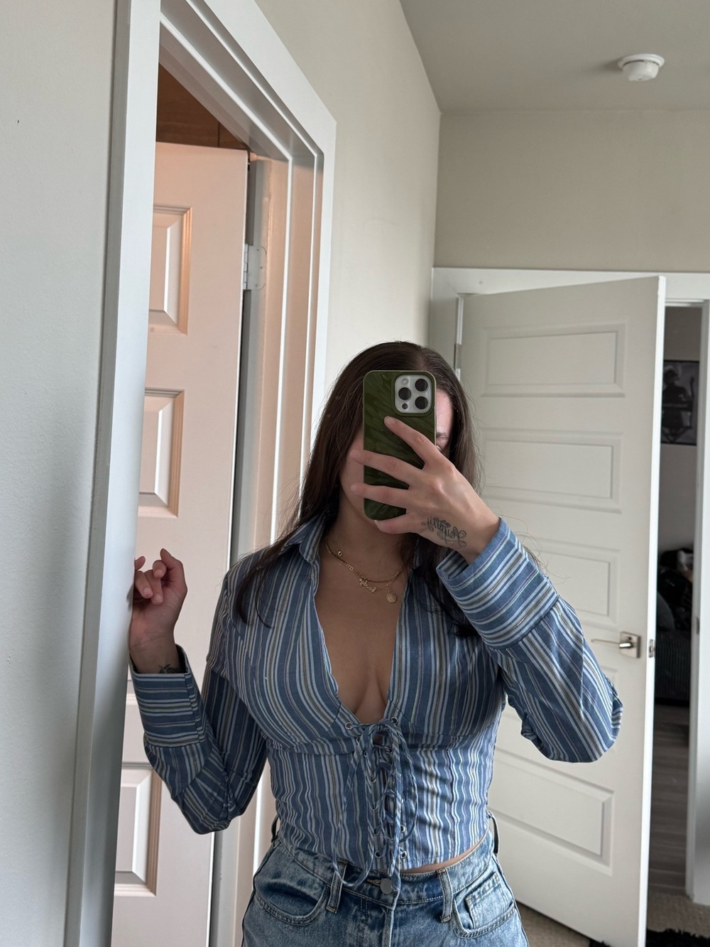 Blue Striped Button-Front Corset Top